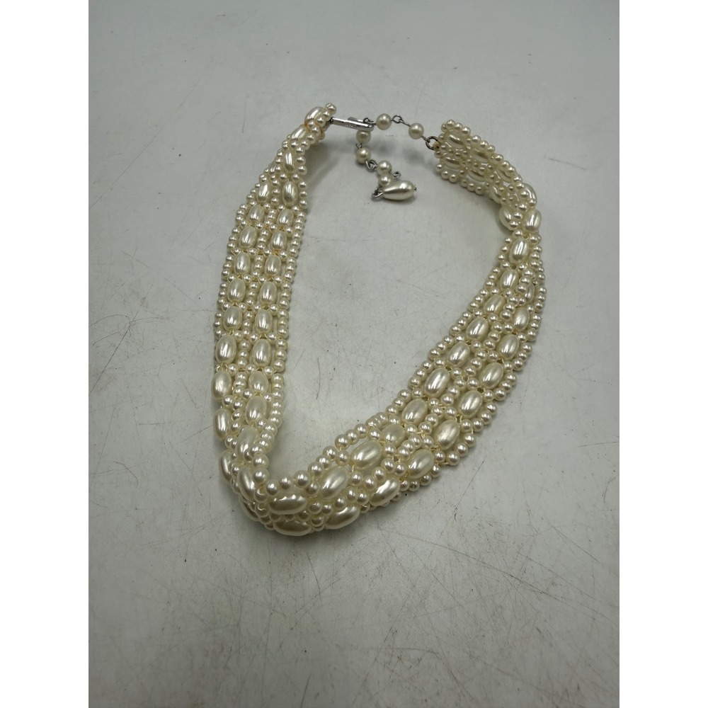Vintage Japan Multi Strand Faux Pearl Choker Necklace Cream Rice Bead 12.5-15in